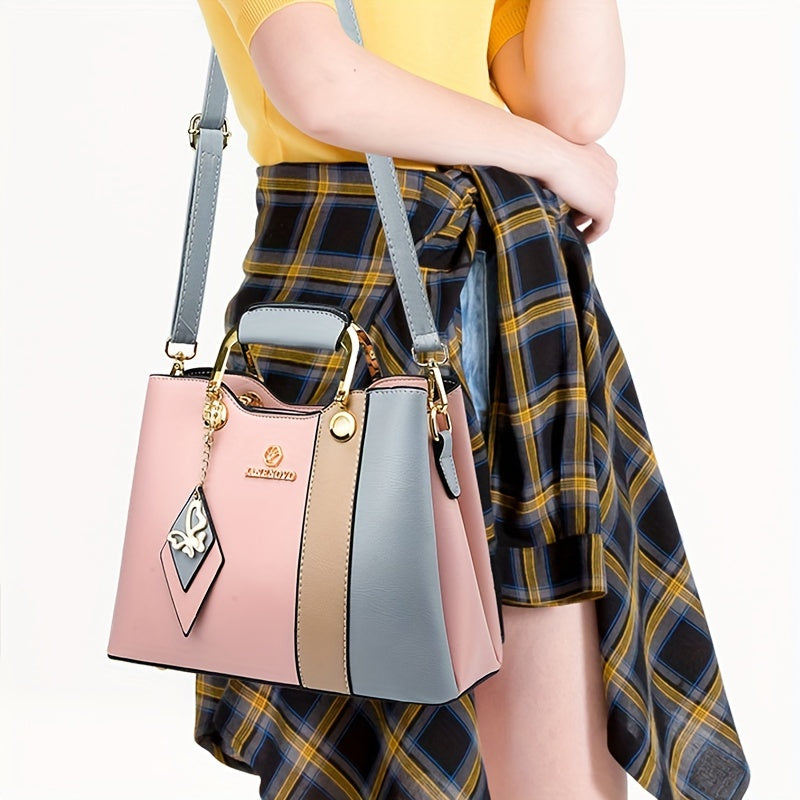 Waterproof Faux Leather Tote – 2024 Colorblock Shoulder Bag with Adjustable Strap
