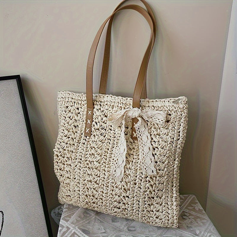 Stylish Straw Beach Bag – Boho-Inspired Shoulder Tote with Secure Zip & Lining
