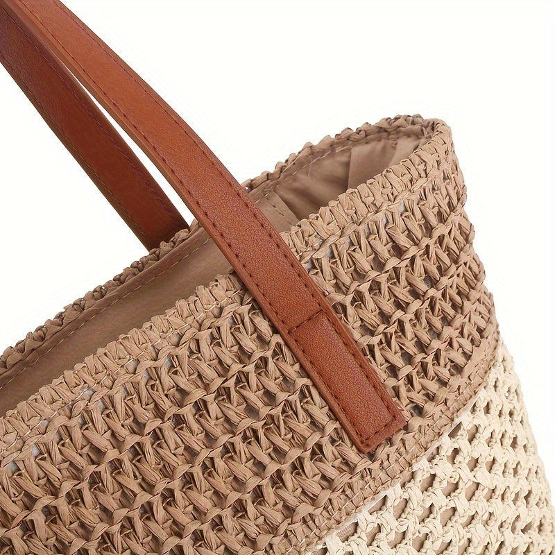 Two-Tone Straw Shoulder Bag – Stylish Handwoven Beach Tote with Tassel & Brown Handles