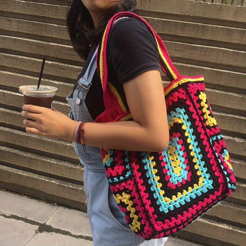 Retro Contrast Boho Tote – Large Capacity Bag for Work, Travel & Everyday Use
