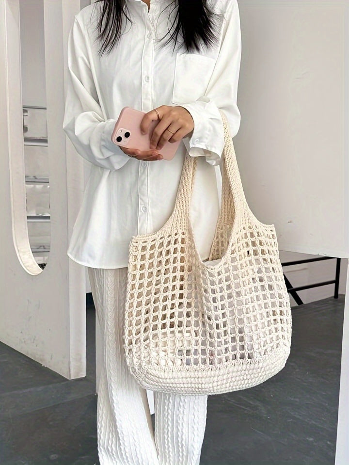 Retro Y2K Woven Beach Tote – Breathable Large Shoulder Bag for Summer & Travel