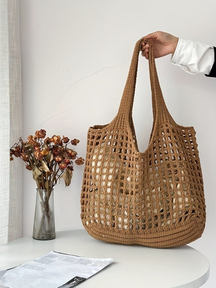 Retro Y2K Woven Beach Tote – Breathable Large Shoulder Bag for Summer & Travel