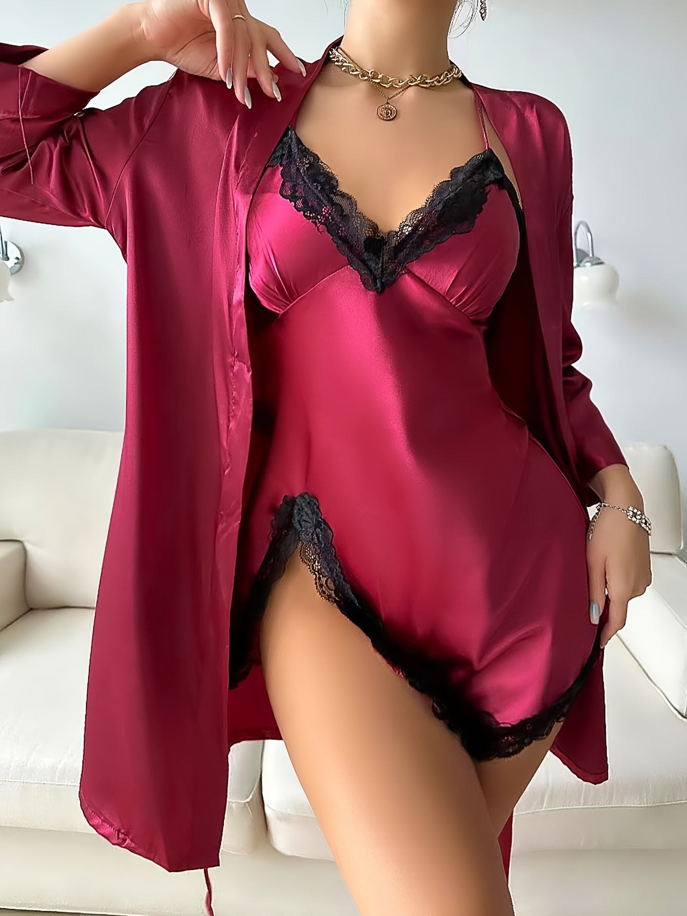Allure 2-Piece Satin Sleep Set – V-Neck Slip Dress & Belted Robe for Elegant All-Season Loungewear