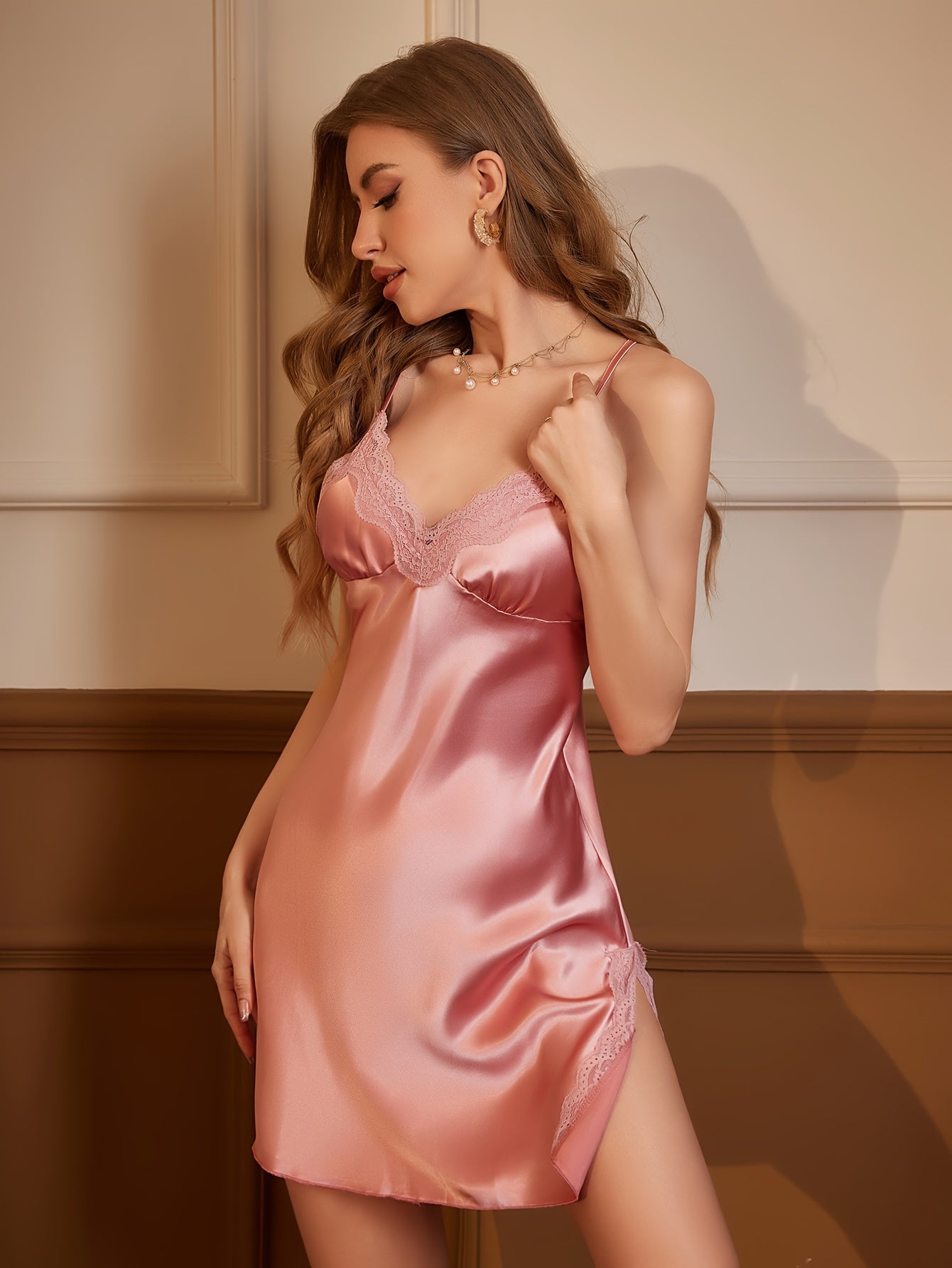 Elegant Lace Trim Sleepwear Set – Soft Satin Robe & Backless V-Neck Slip Dress, Comfortable Fit for Warm Nights