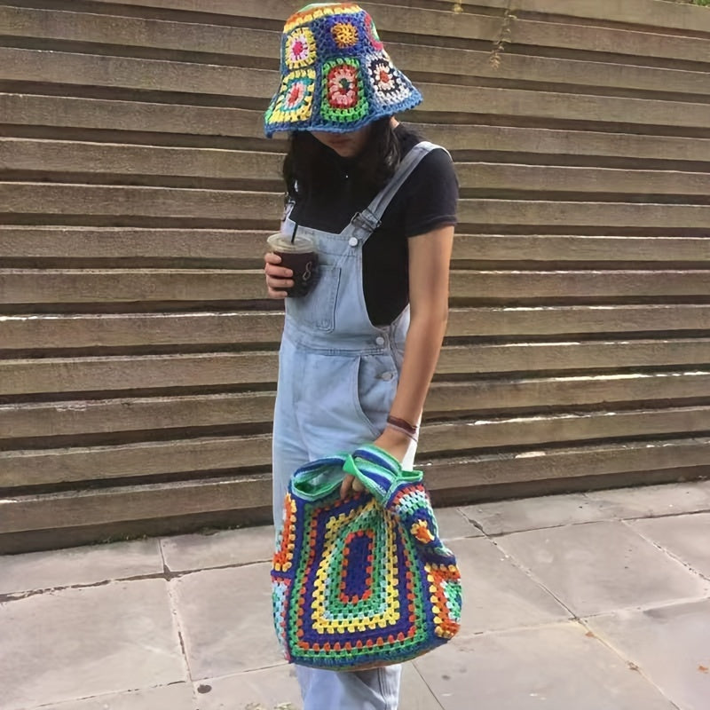 Retro Contrast Boho Tote – Large Capacity Bag for Work, Travel & Everyday Use