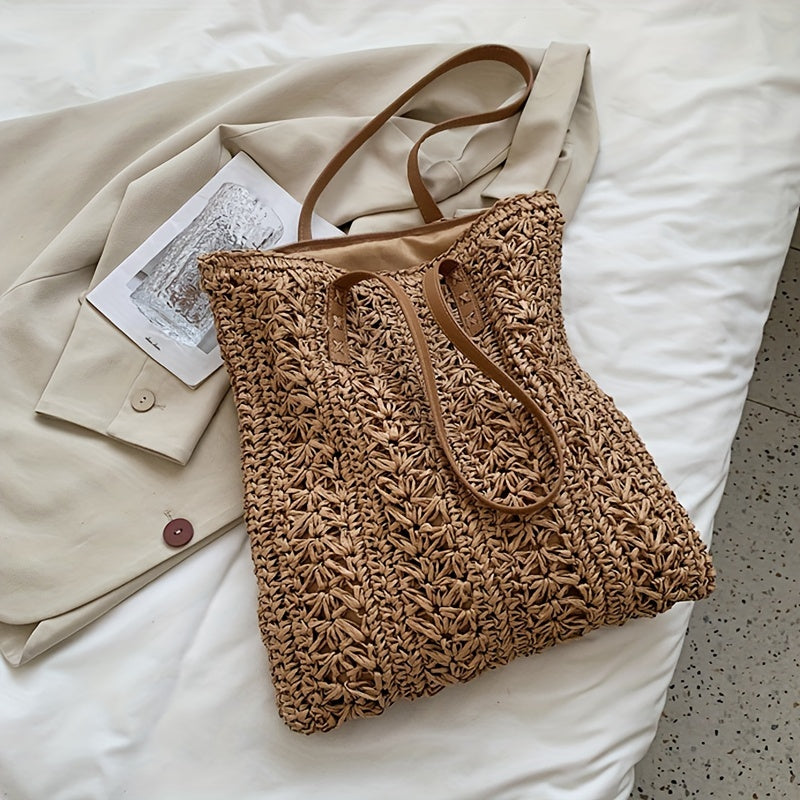 Stylish Straw Beach Bag – Boho-Inspired Shoulder Tote with Secure Zip & Lining
