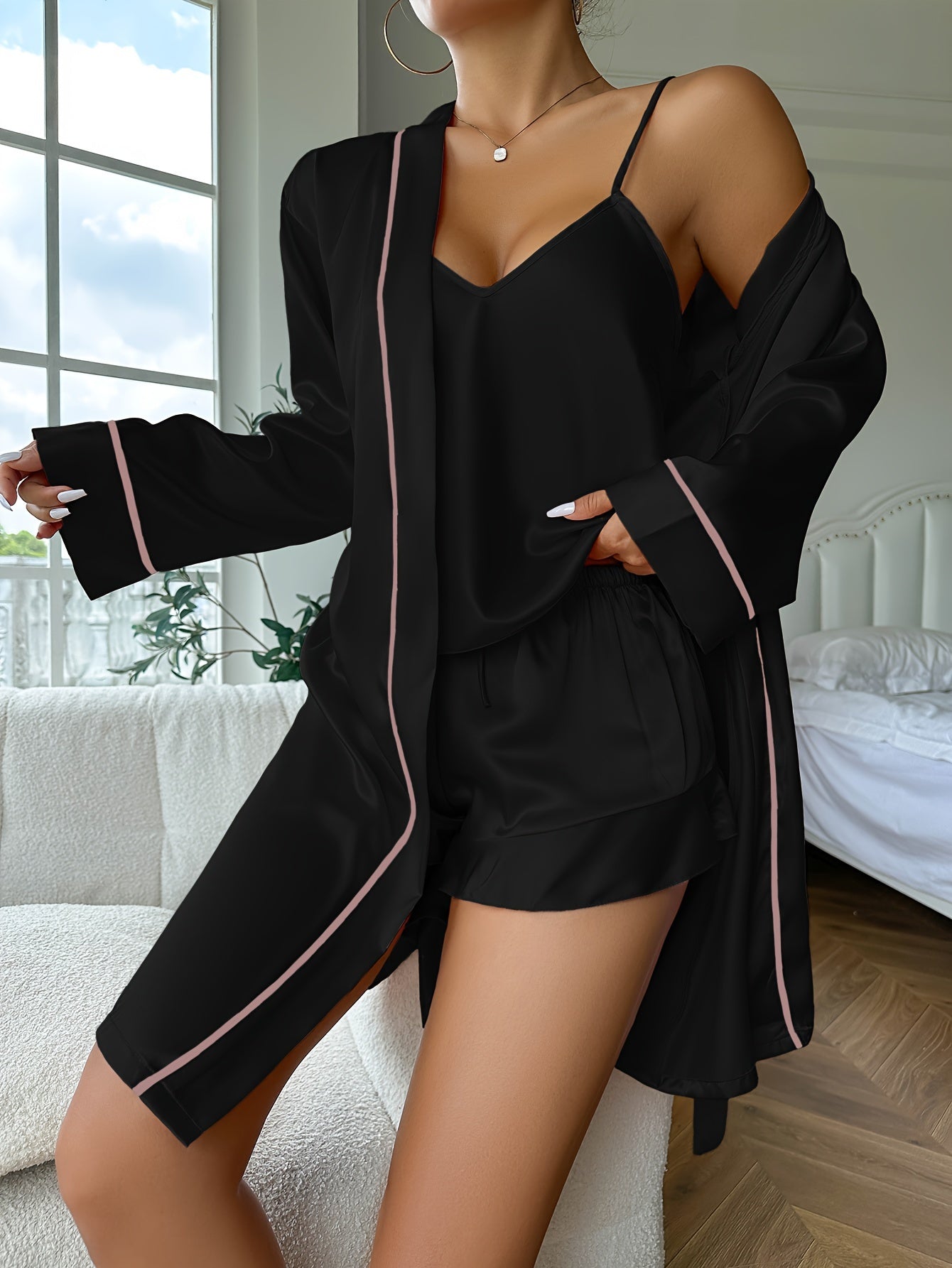 Elegant Women's Satin Lounge Set – Cozy Robe, Cami & Shorts