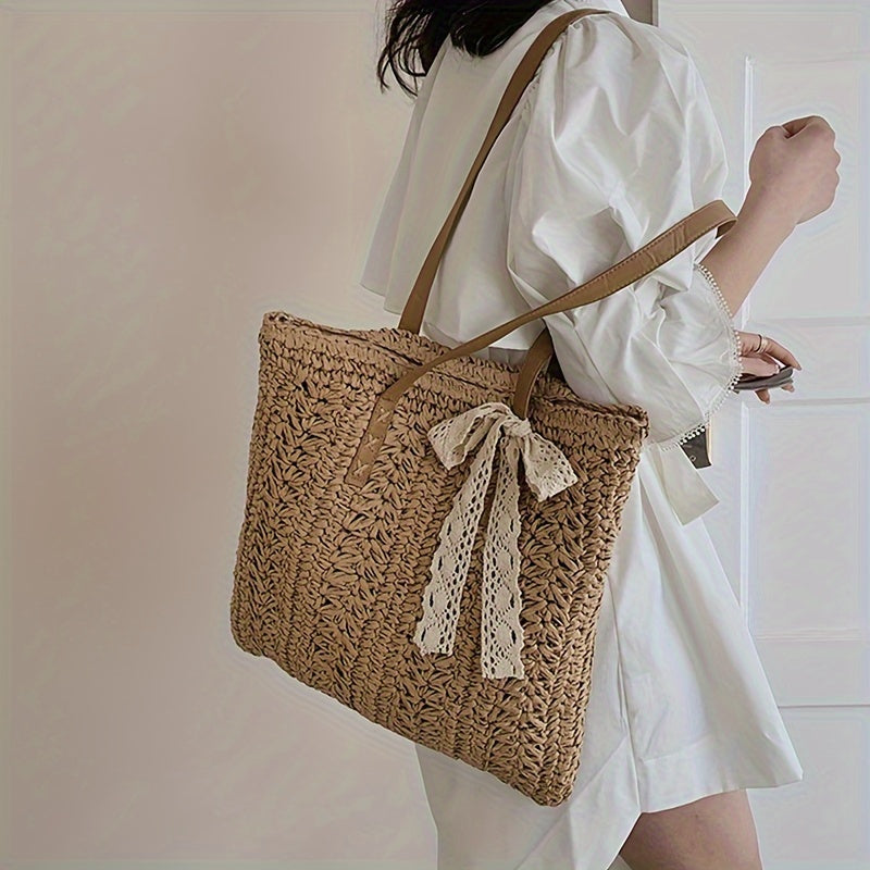 Stylish Straw Beach Bag – Boho-Inspired Shoulder Tote with Secure Zip & Lining