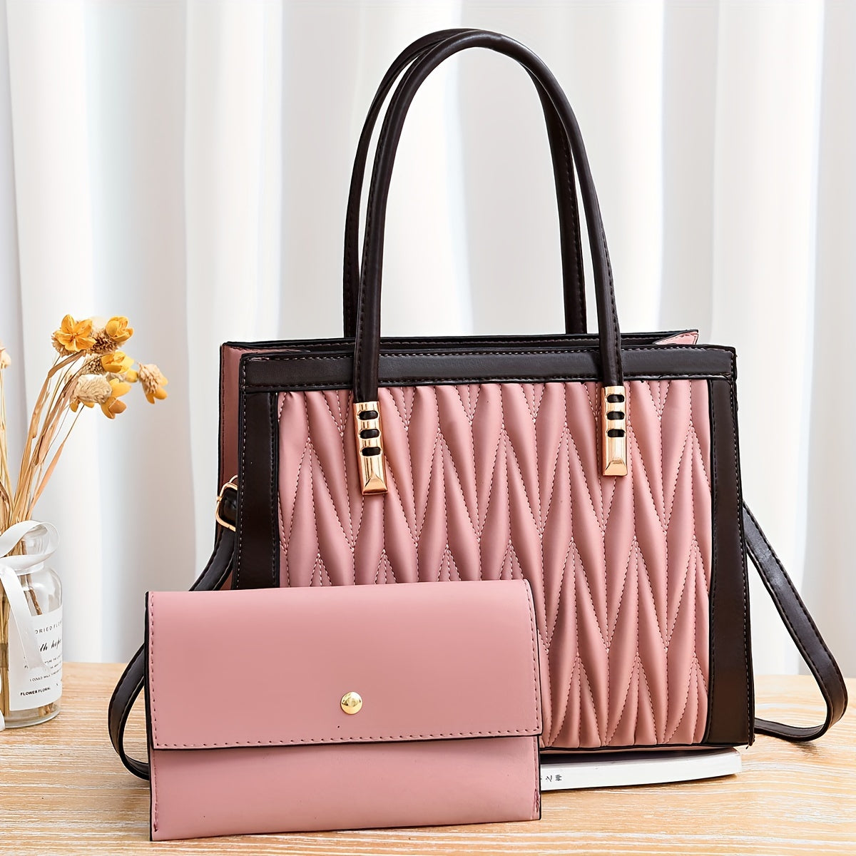 2pcs Quilted Colorblock Tote & Clutch Set – Stylish Crossbody Handbag Combo for Women