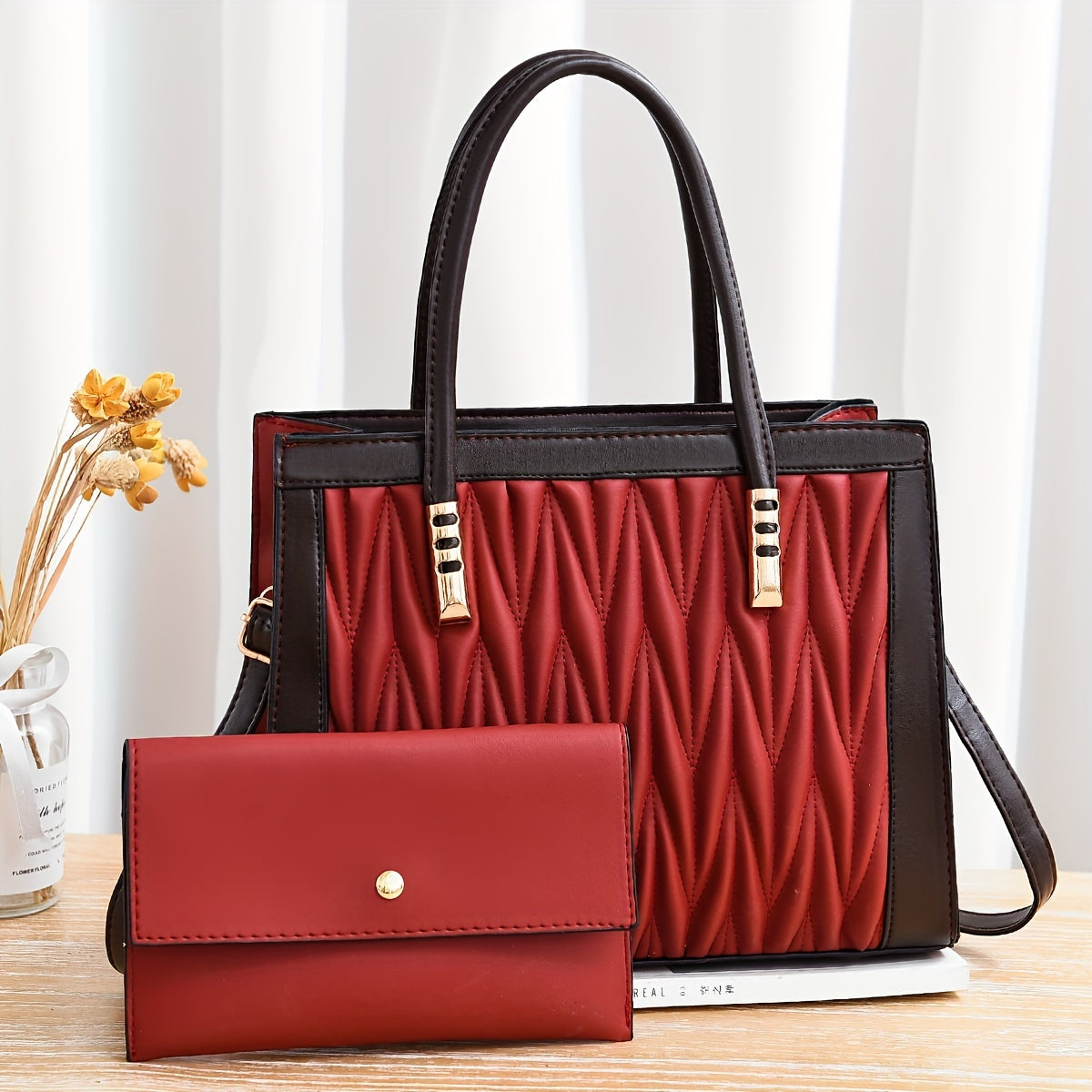 2pcs Quilted Colorblock Tote & Clutch Set – Stylish Crossbody Handbag Combo for Women