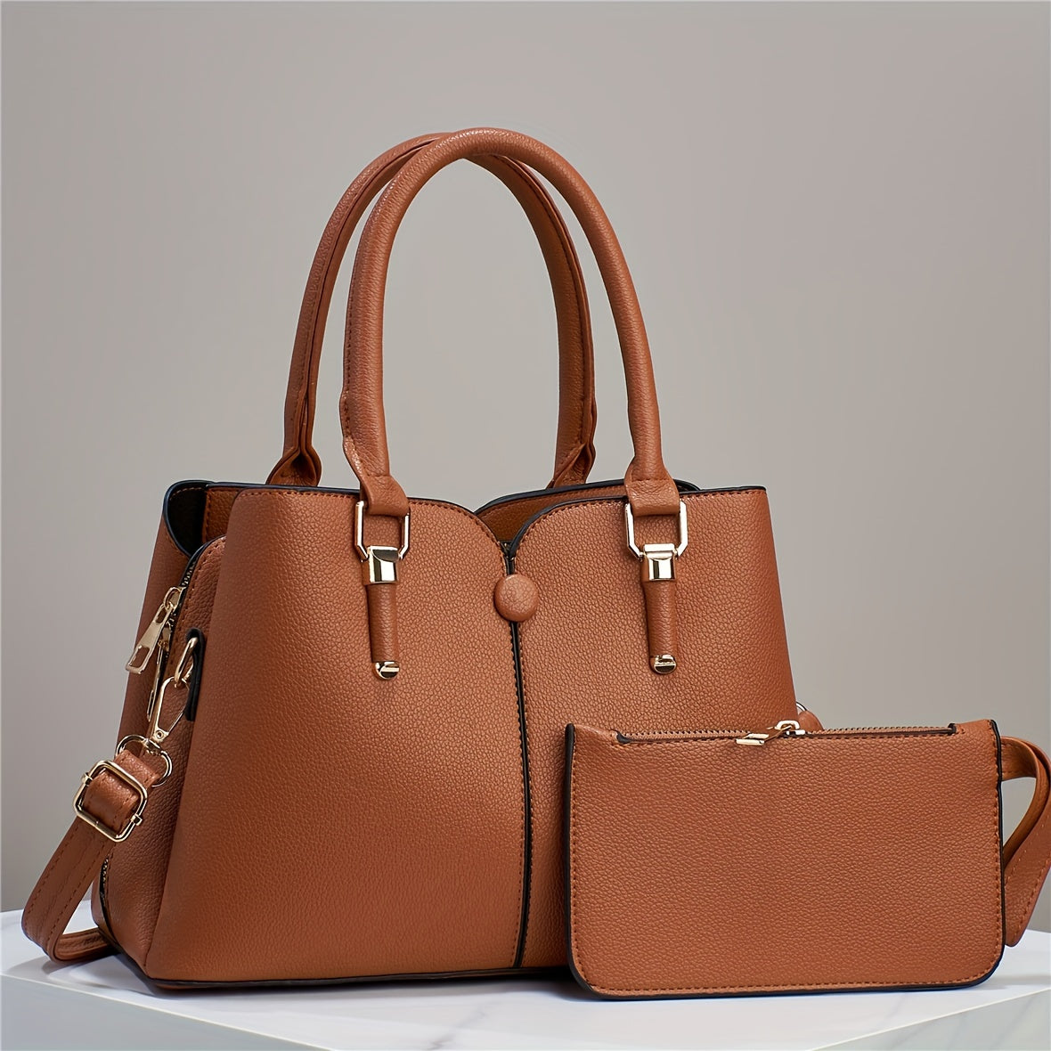 Versatile 2pcs Tote & Clutch Set – Solid Color Crossbody Bag for Shopping & Daily Use