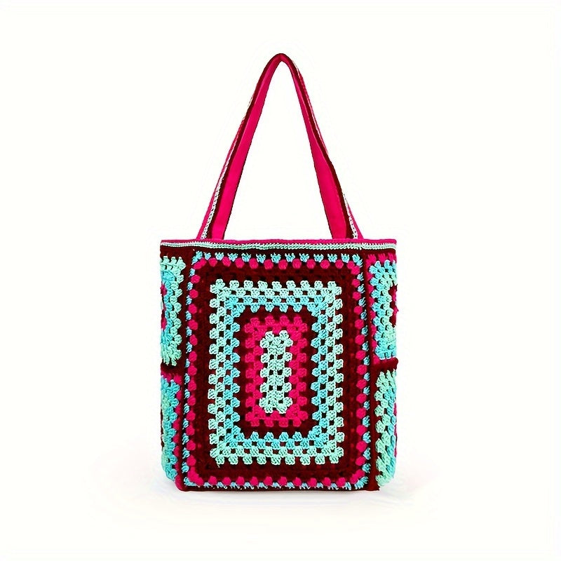 Retro Contrast Boho Tote – Large Capacity Bag for Work, Travel & Everyday Use