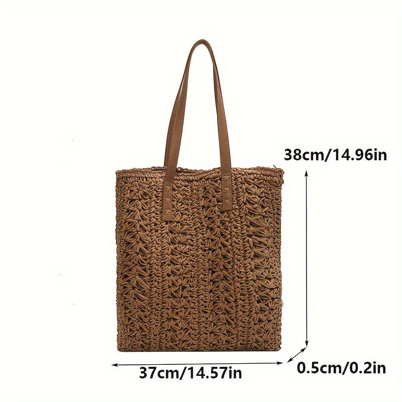 Stylish Straw Beach Bag – Boho-Inspired Shoulder Tote with Secure Zip & Lining