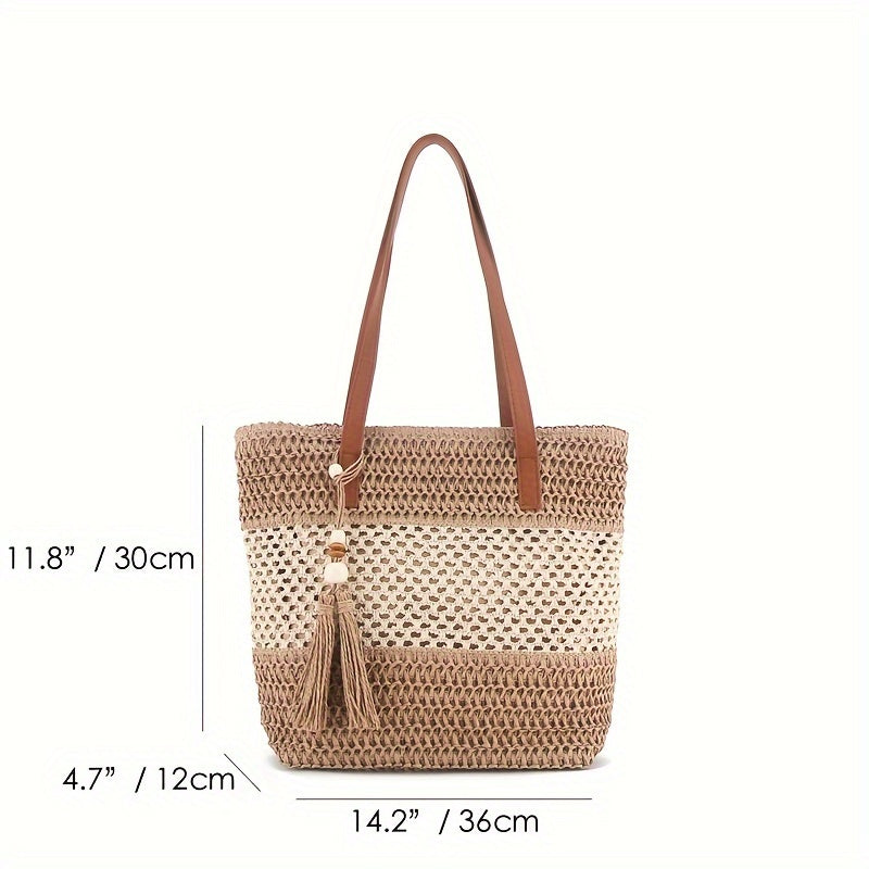 Two-Tone Straw Shoulder Bag – Stylish Handwoven Beach Tote with Tassel & Brown Handles