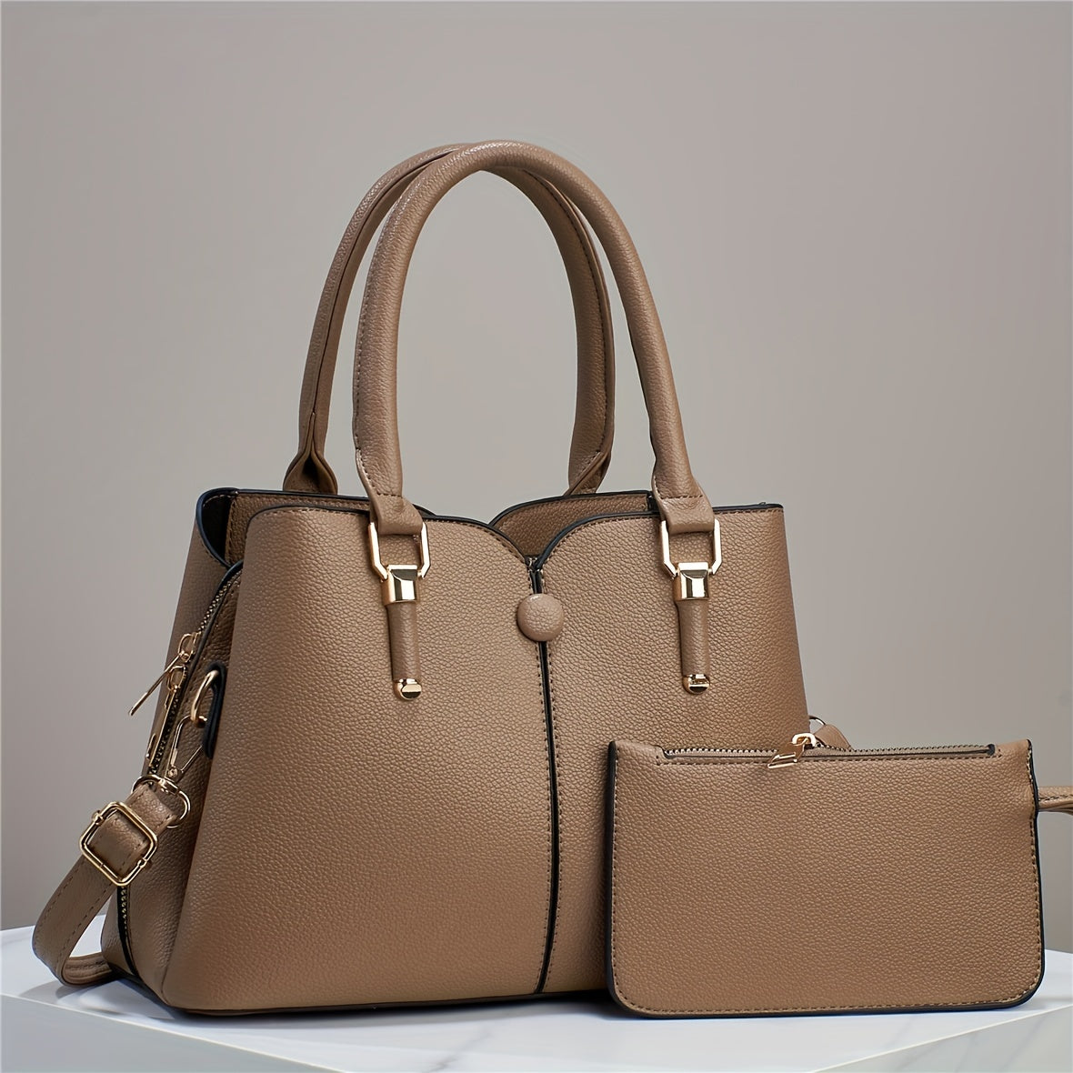 Versatile 2pcs Tote & Clutch Set – Solid Color Crossbody Bag for Shopping & Daily Use