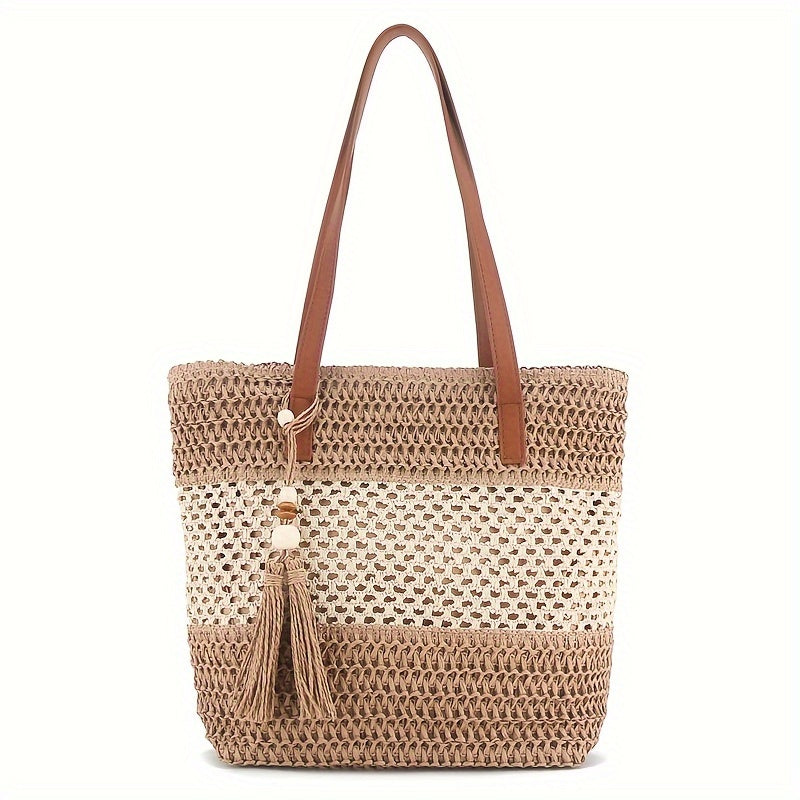 Two-Tone Straw Shoulder Bag – Stylish Handwoven Beach Tote with Tassel & Brown Handles