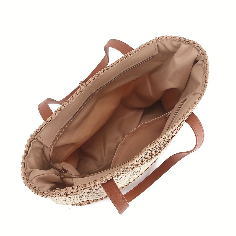 Two-Tone Straw Shoulder Bag – Stylish Handwoven Beach Tote with Tassel & Brown Handles