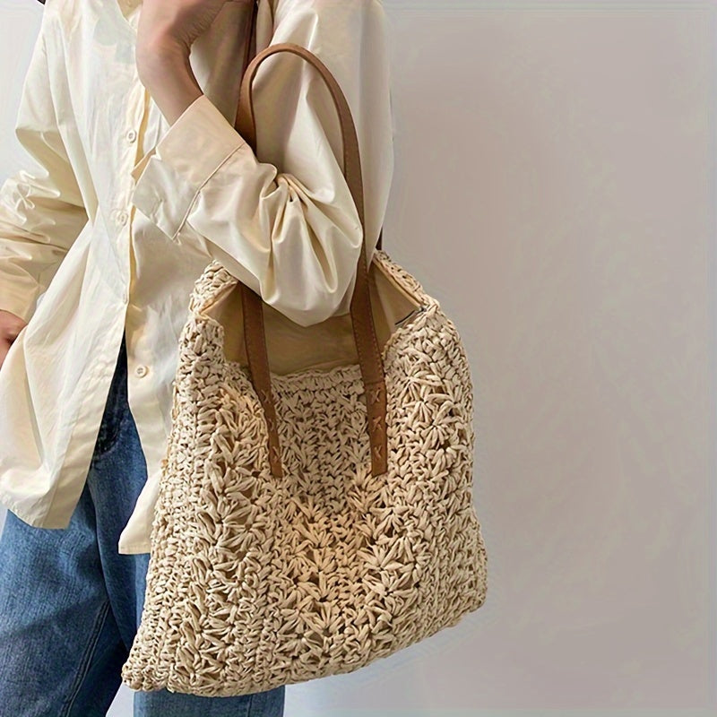 Stylish Straw Beach Bag – Boho-Inspired Shoulder Tote with Secure Zip & Lining