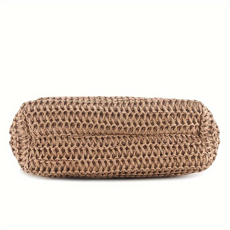 Two-Tone Straw Shoulder Bag – Stylish Handwoven Beach Tote with Tassel & Brown Handles