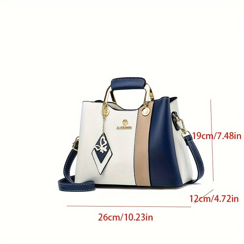 Waterproof Faux Leather Tote – 2024 Colorblock Shoulder Bag with Adjustable Strap