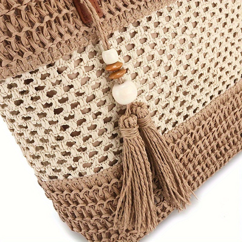 Two-Tone Straw Shoulder Bag – Stylish Handwoven Beach Tote with Tassel & Brown Handles