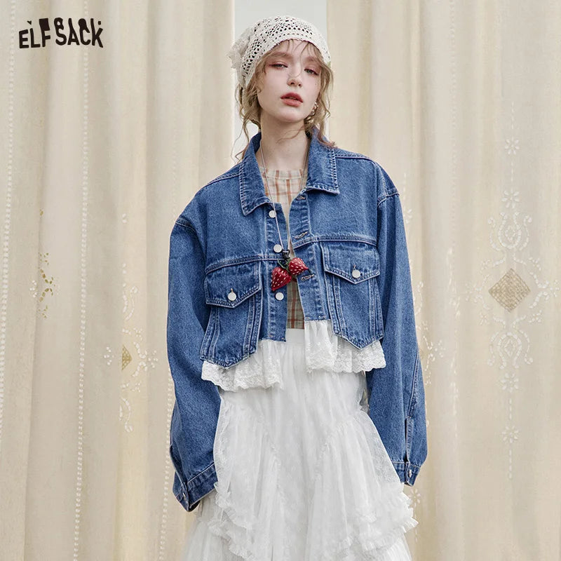 Women’s Vintage Y2K Lace Stitch Short Denim Jacket – ELFSACK Spring Edit