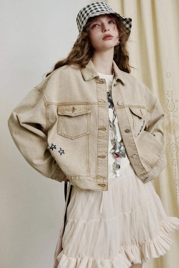Women’s Vintage Style Printed Cropped Denim Jacket – ELFSACK New Arrival