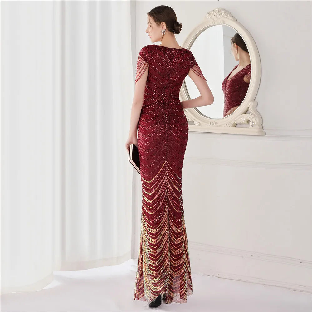 Glamorous Beaded Mermaid Evening Dress – Elegant V-Neck Silhouette for Women