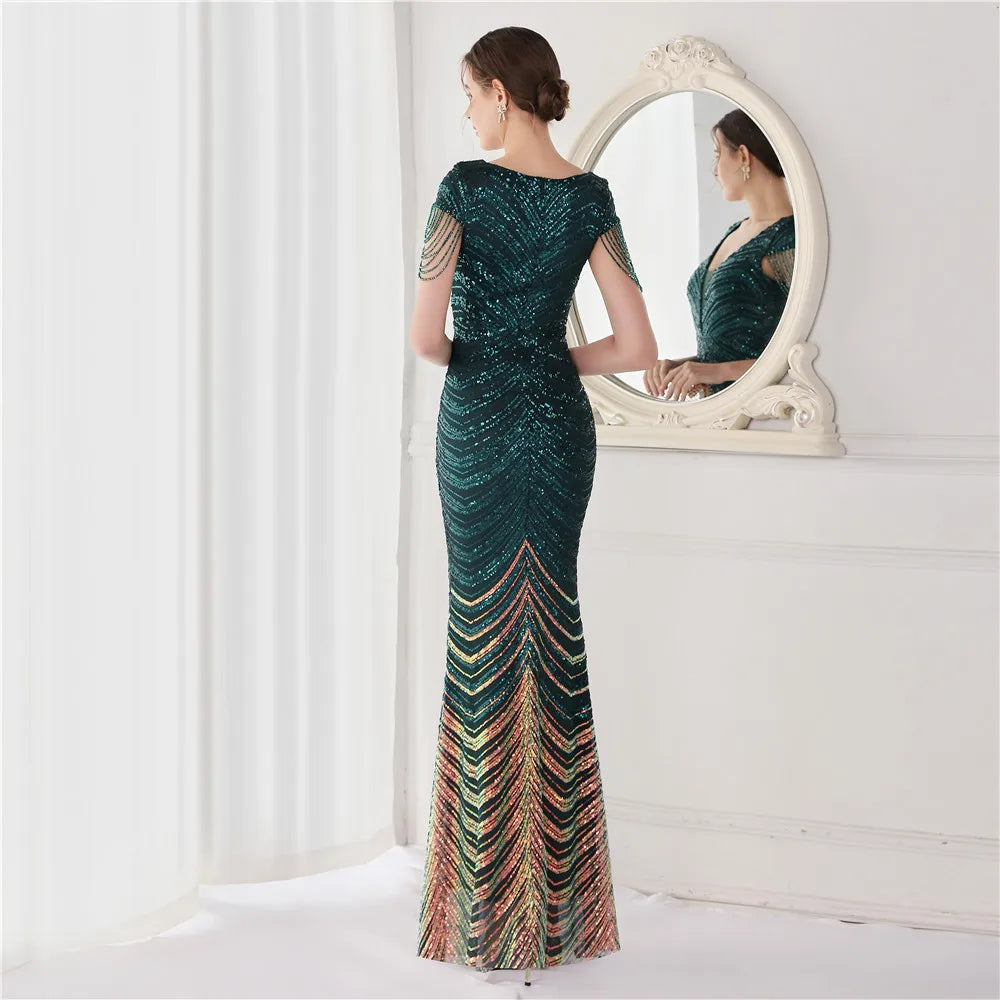 Glamorous Beaded Mermaid Evening Dress – Elegant V-Neck Silhouette for Women