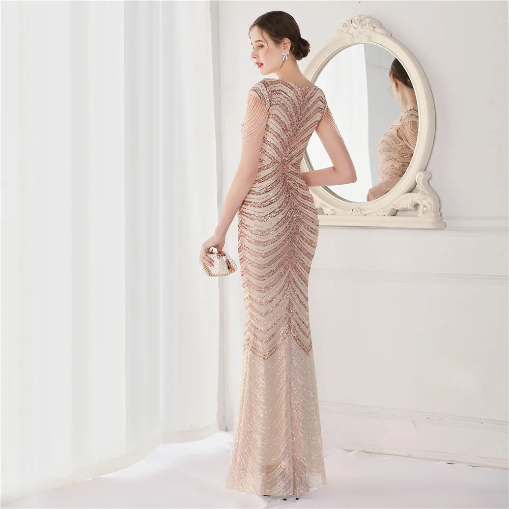 Glamorous Beaded Mermaid Evening Dress – Elegant V-Neck Silhouette for Women