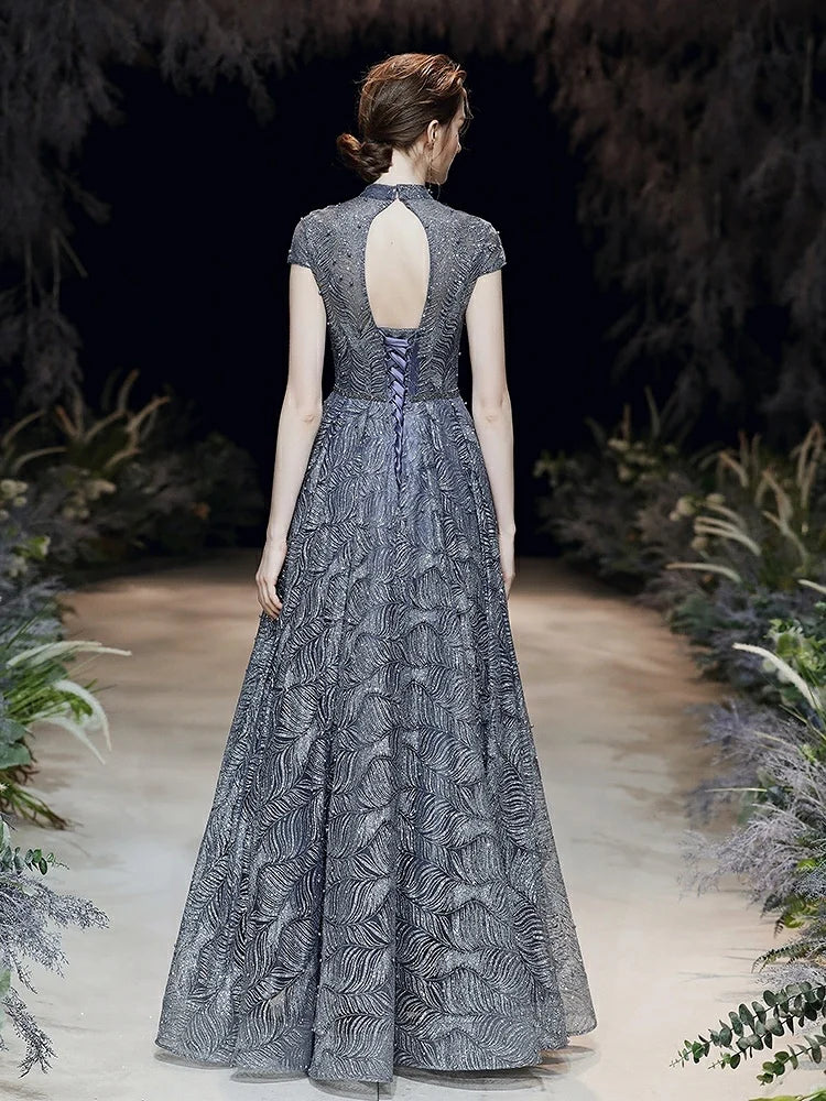 Shiny Pearl & Sequin A-Line Dress – Luxury Blue Formal Gown