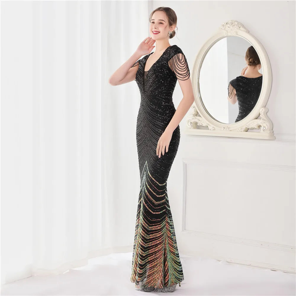 Glamorous Beaded Mermaid Evening Dress – Elegant V-Neck Silhouette for Women