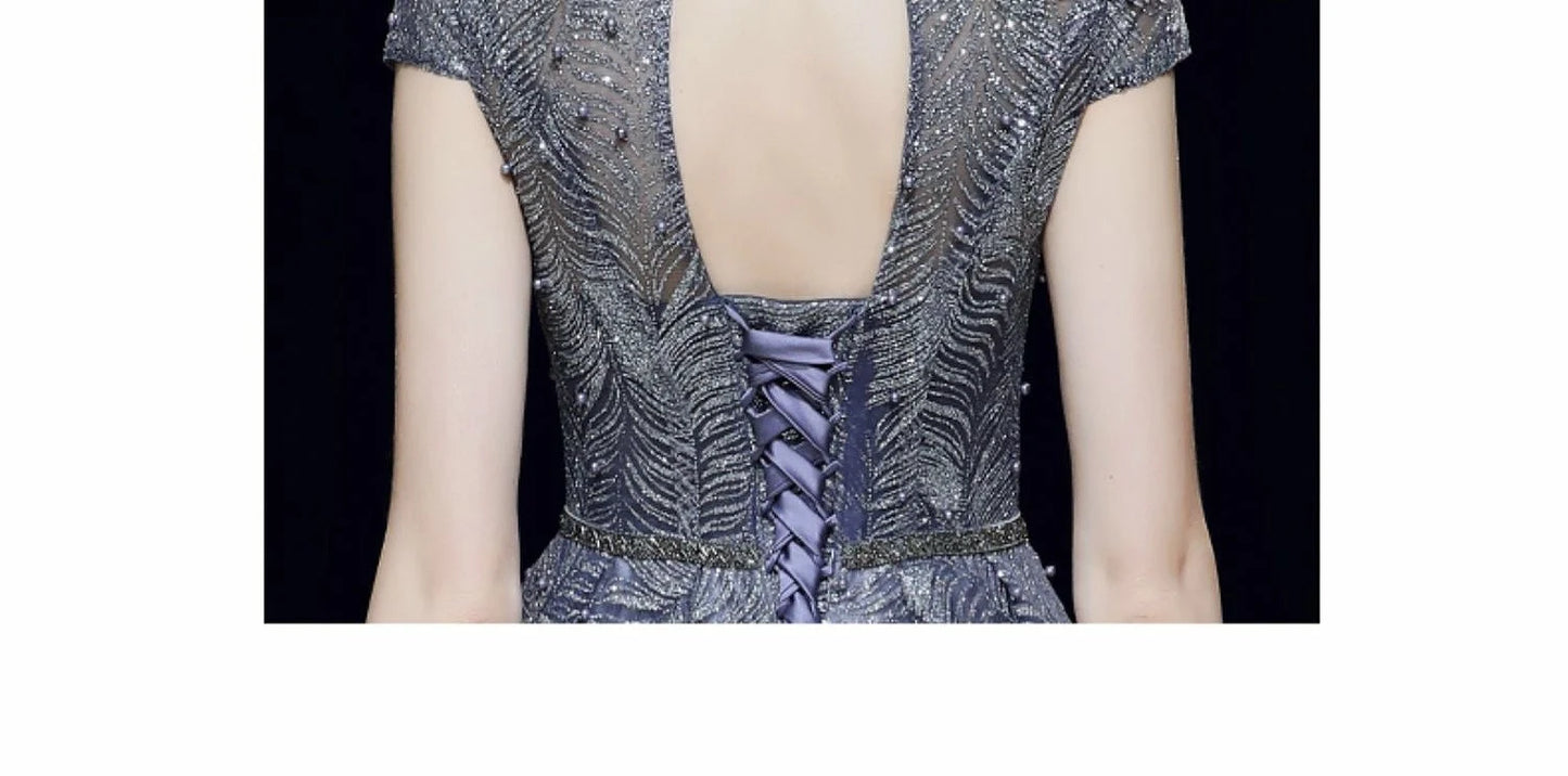 Shiny Pearl & Sequin A-Line Dress – Luxury Blue Formal Gown