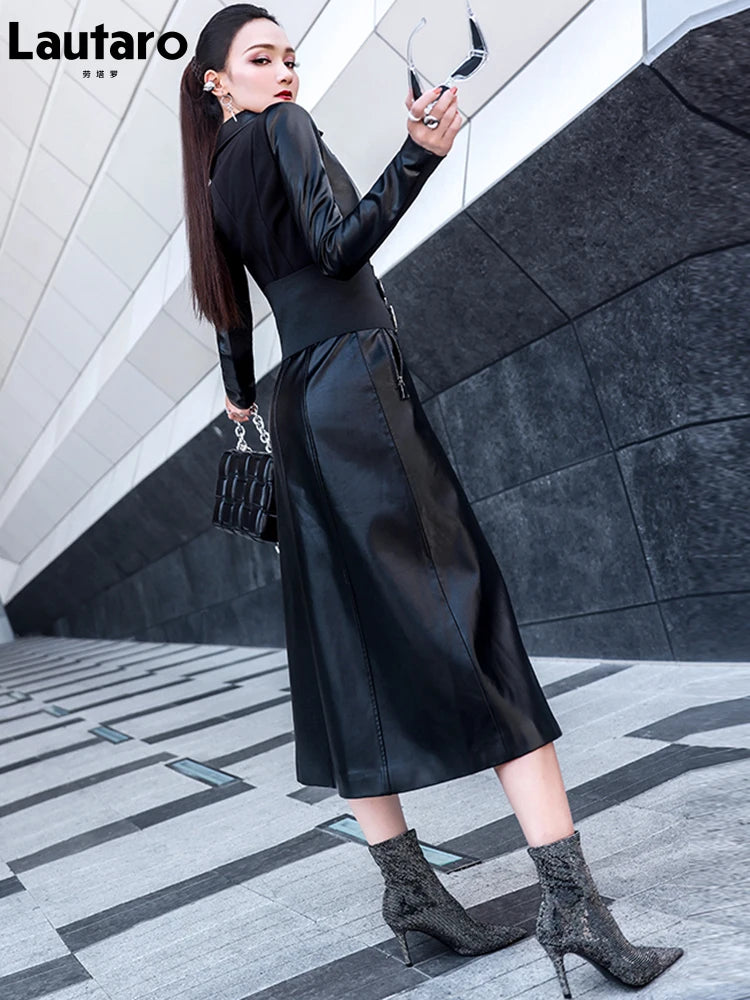 Women’s Black Long Sleeve Leather Dress – Elegant Tight-Fit Faux Leather 2025