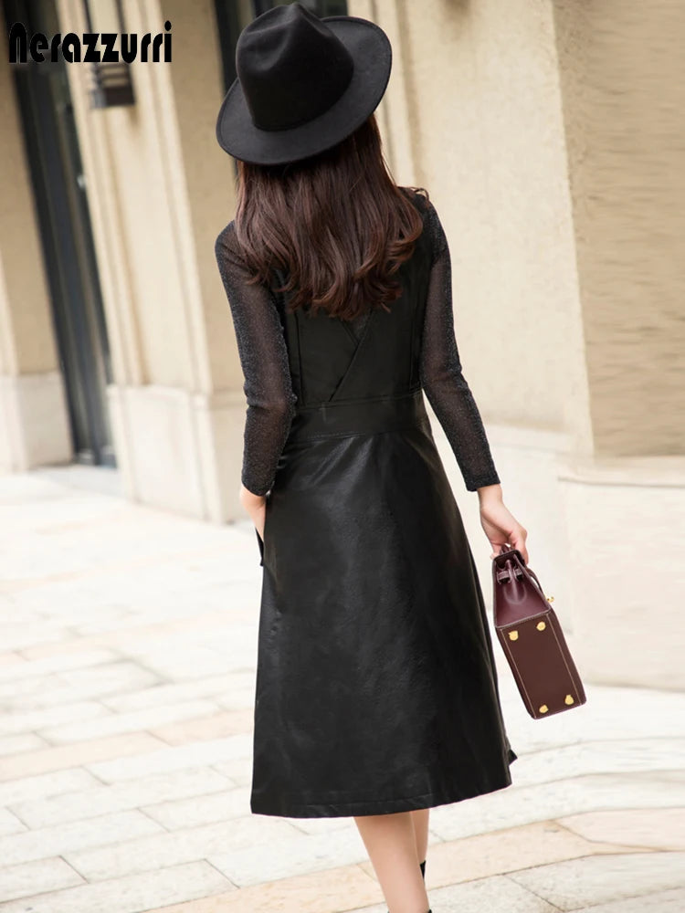 Women’s Summer PU Leather Midi Dress – Elegant Strap Dress Korean Fashion