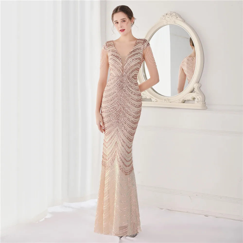 Glamorous Beaded Mermaid Evening Dress – Elegant V-Neck Silhouette for Women