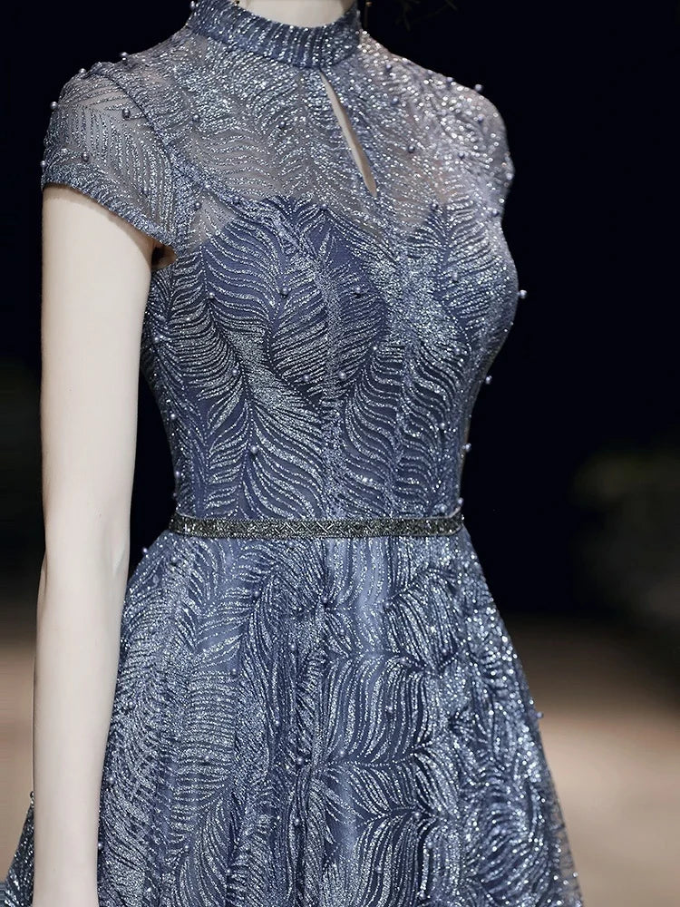 Shiny Pearl & Sequin A-Line Dress – Luxury Blue Formal Gown