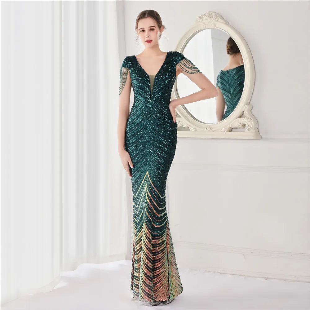 Glamorous Beaded Mermaid Evening Dress – Elegant V-Neck Silhouette for Women