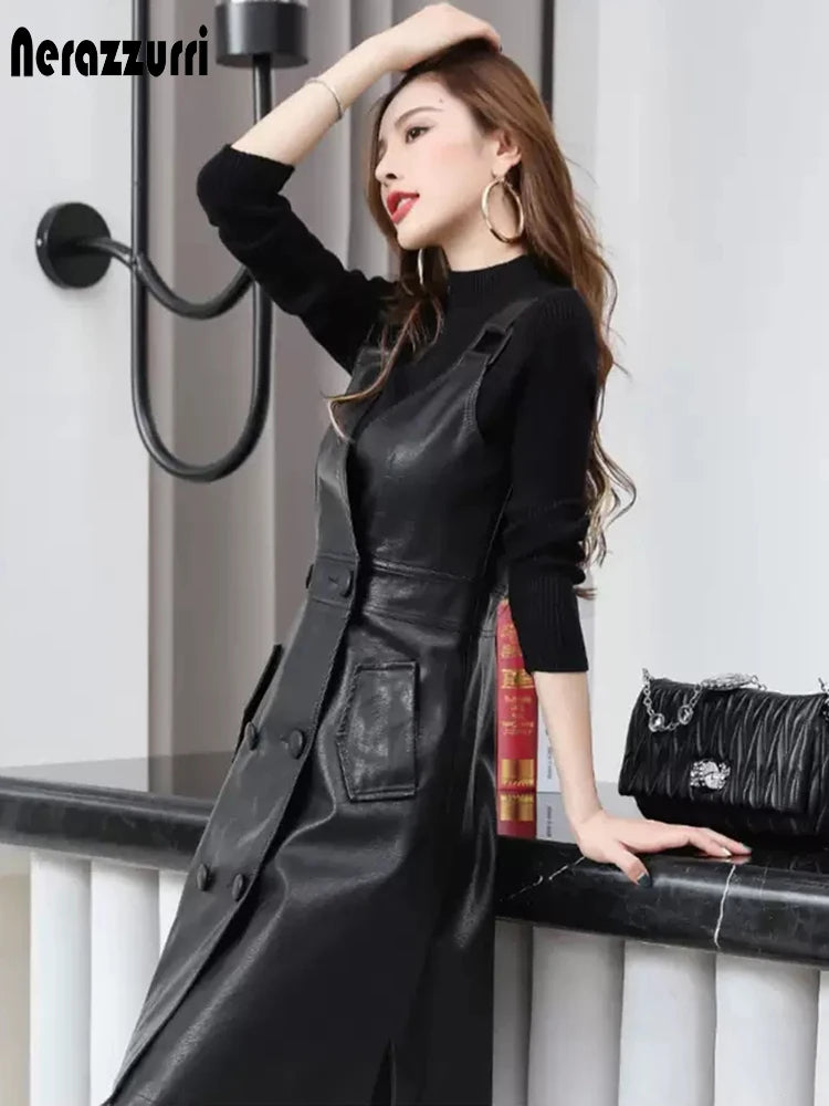 Women’s Summer PU Leather Midi Dress – Elegant Strap Dress Korean Fashion