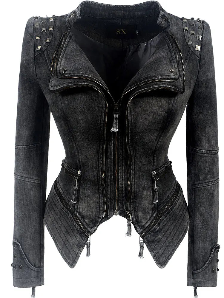 Women's Punk Style Cropped Denim Jacket – SX Rivet Moto Windbreaker