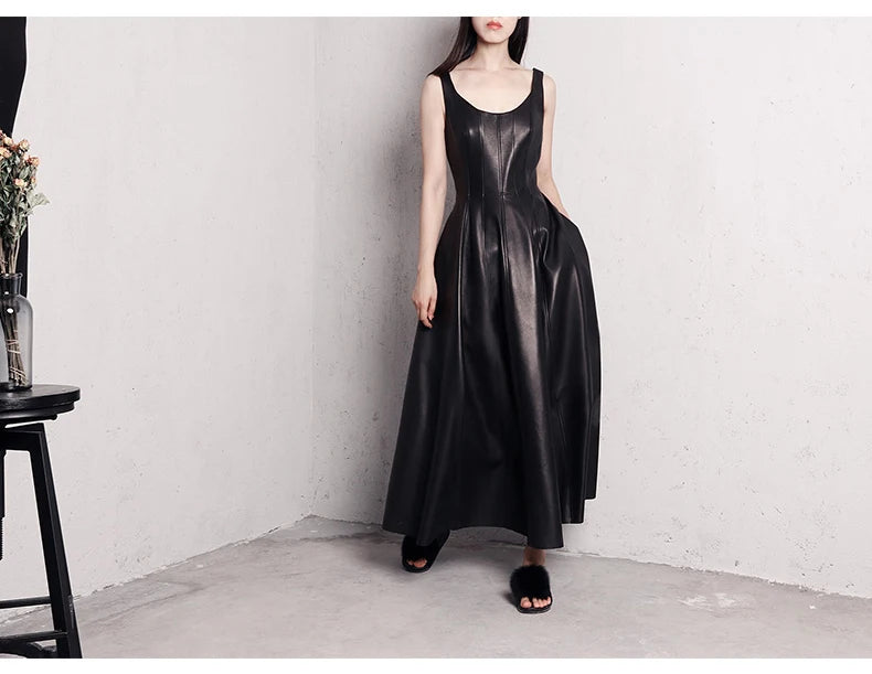 Women’s Luxury Faux Leather Maxi Dress – Lautaro Elegant Fit & Flare Retro Style