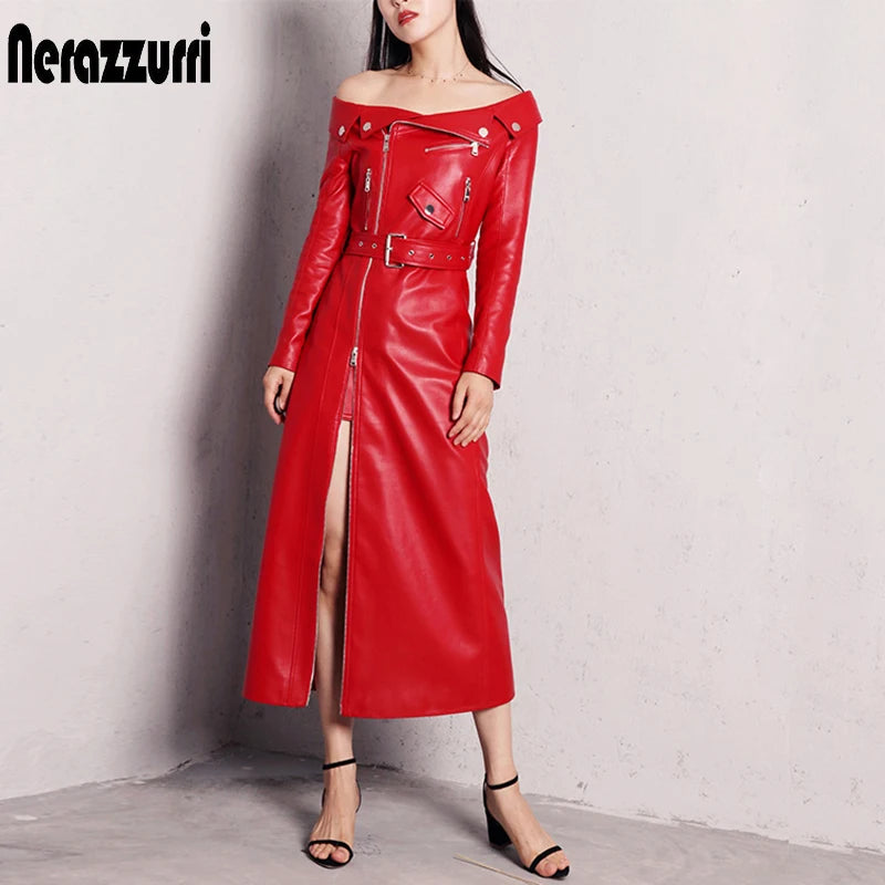 Women’s PU Leather Maxi Dress – Red/Black Slash Neck Elegant Spring Autumn Outfit