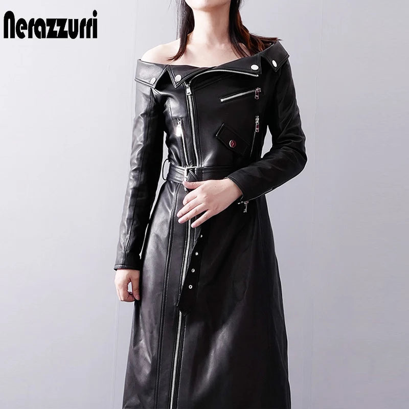 Women’s PU Leather Maxi Dress – Red/Black Slash Neck Elegant Spring Autumn Outfit