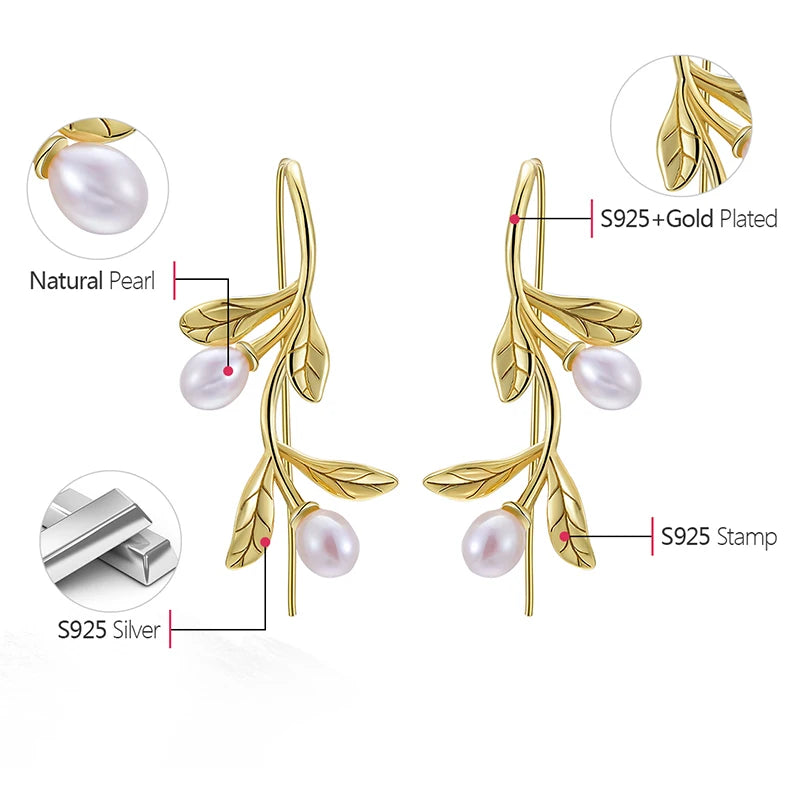 925 Silver Olive Leaves Pearl Drop Earrings – Nature-Inspired Jewelry