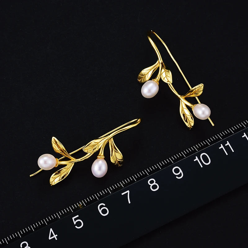 925 Silver Olive Leaves Pearl Drop Earrings – Nature-Inspired Jewelry