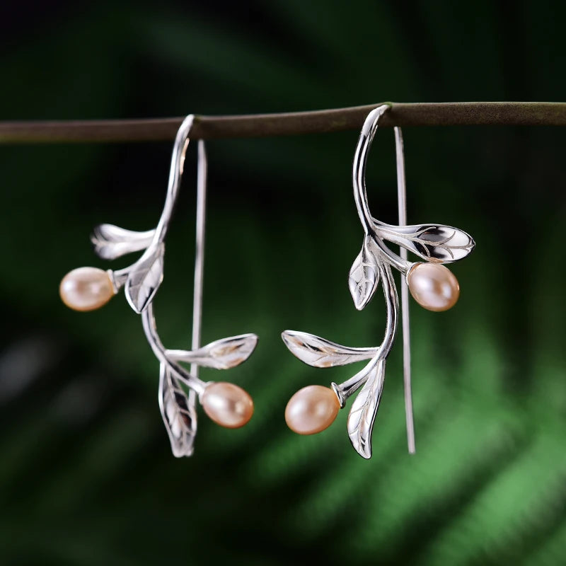 925 Silver Olive Leaves Pearl Drop Earrings – Nature-Inspired Jewelry