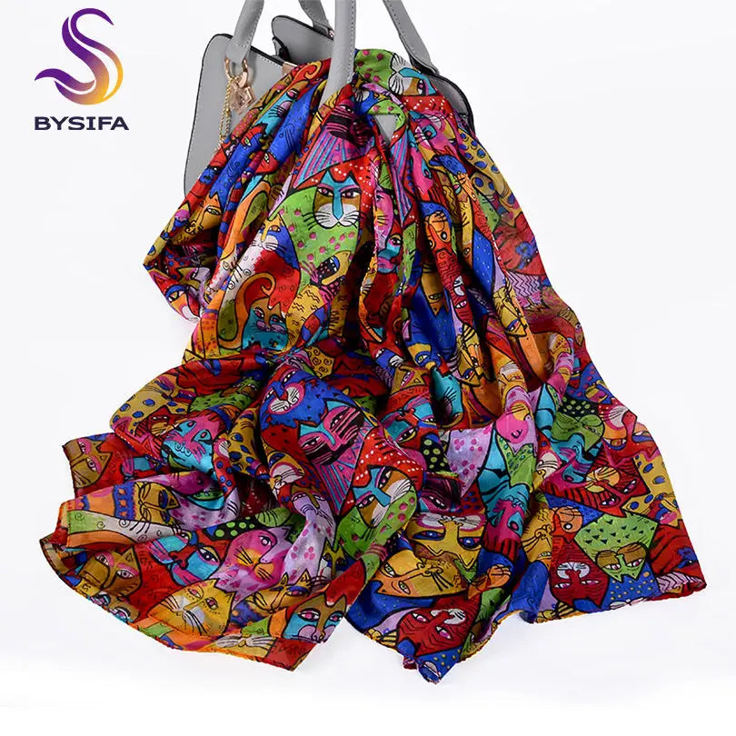 Elegant Blue Graffiti Silk Shawl – Neck & Head Scarf for All Seasons