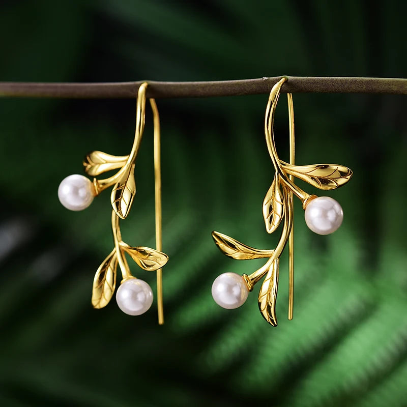925 Silver Olive Leaves Pearl Drop Earrings – Nature-Inspired Jewelry