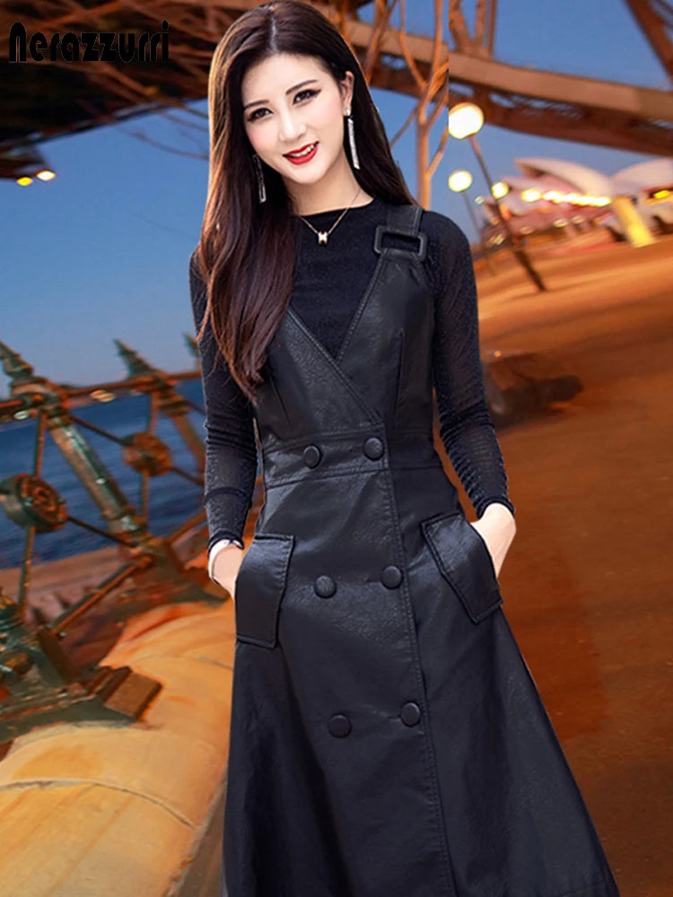 Women’s Summer PU Leather Midi Dress – Elegant Strap Dress Korean Fashion
