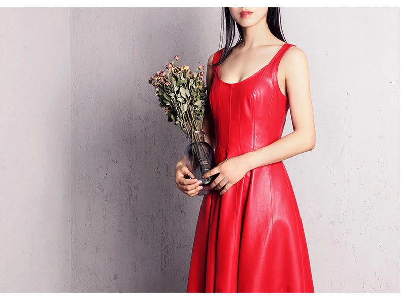 Women’s Luxury Faux Leather Maxi Dress – Lautaro Elegant Fit & Flare Retro Style